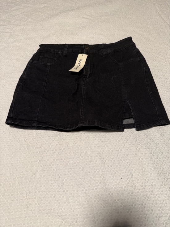 Luvamia Dresses & Skirts - Able Black Denim Mini Skort with Front Slit and Shorts Underneath